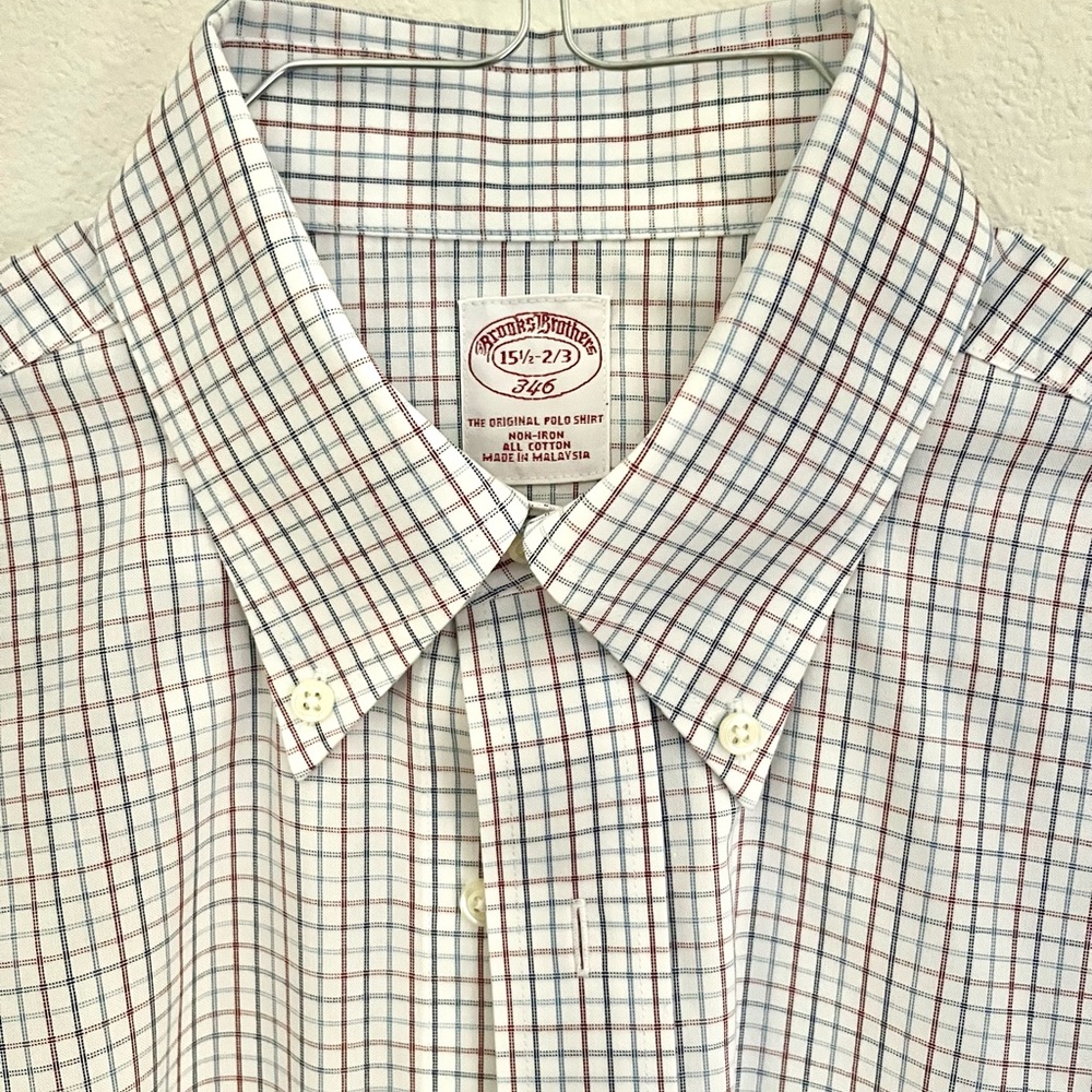 Brooks Brothers Men's Non-Iron Dress Shirt. White, Blue and Red Check 15.5-32/33